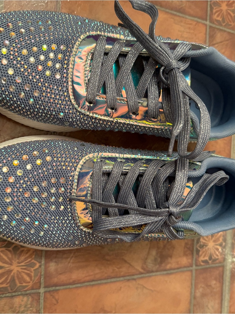 Women's Iridescent blue Rhinestone Lace-Up Sneakers